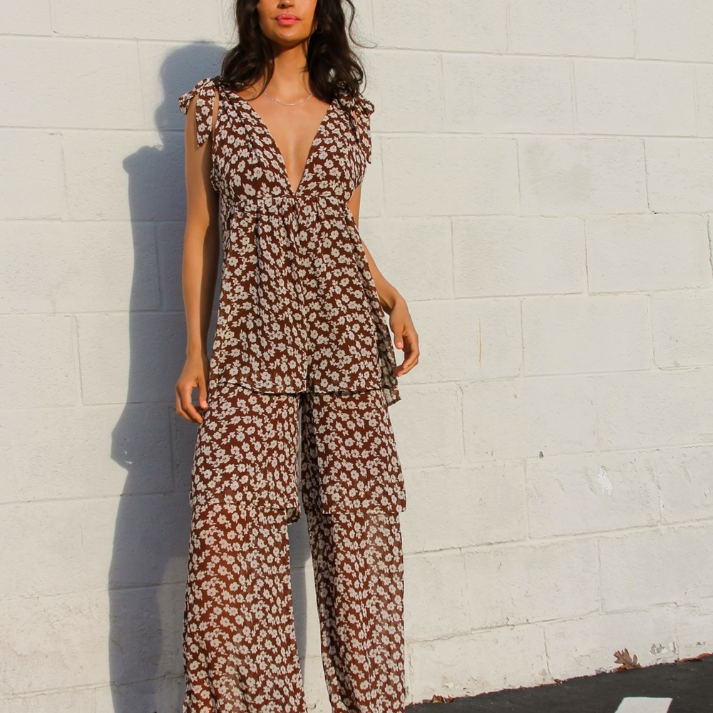 Brown Ruffle Jumpsuit - Picture 2 of 4